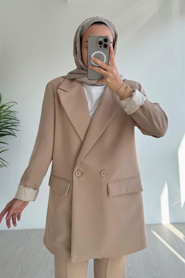 Çift Düğme Astarlı Blazer Ceket - Bej