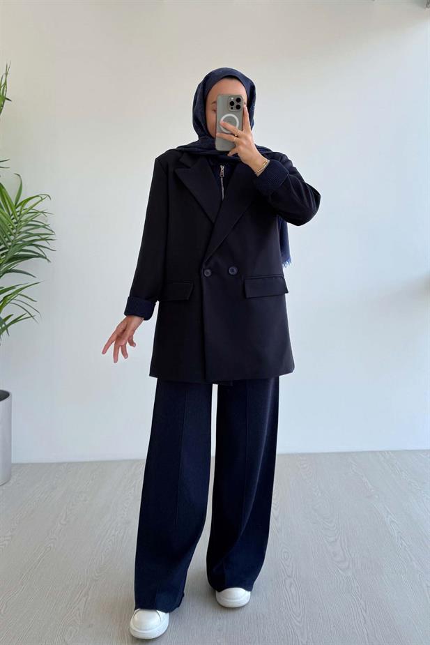 Çift Düğme Astarlı Blazer Ceket - Lacivert