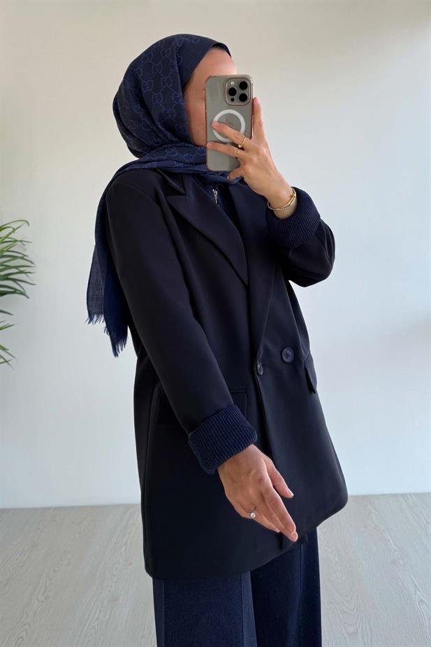 Çift Düğme Astarlı Blazer Ceket - Lacivert