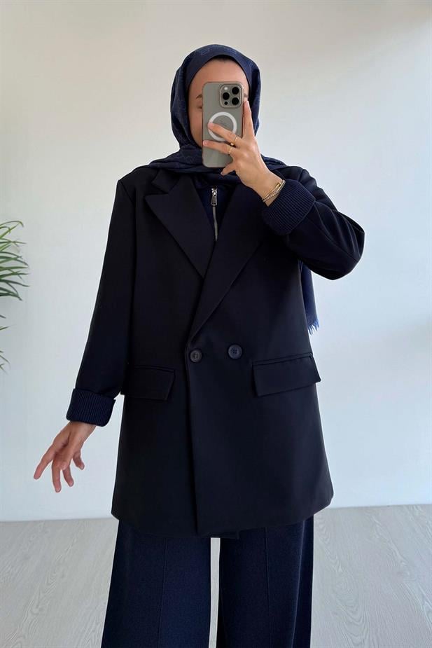 Çift Düğme Astarlı Blazer Ceket - Lacivert