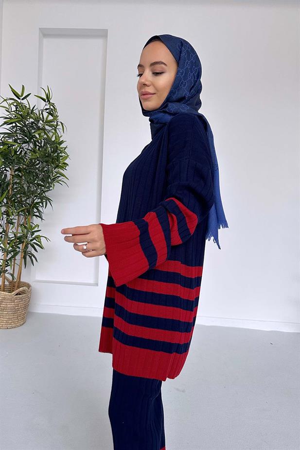 Çift Renk Çizgili Triko Takım - Lacivert