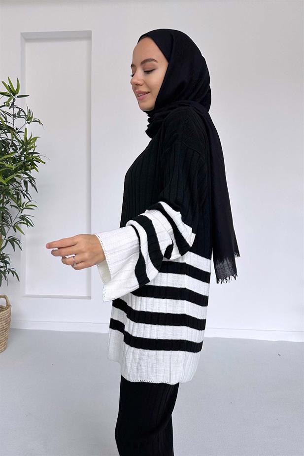 Çift Renk Çizgili Triko Takım - Siyah