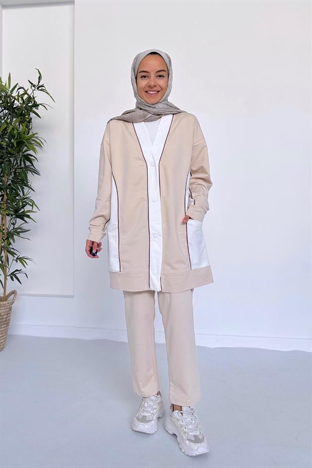 Çift Renk Hırkalı İki İplik Takım - Sütlü Kahve