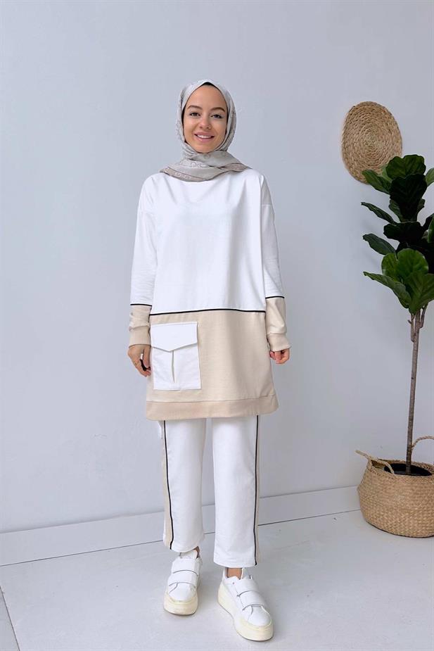 Çift Renk Şeritli Takım - Beyaz