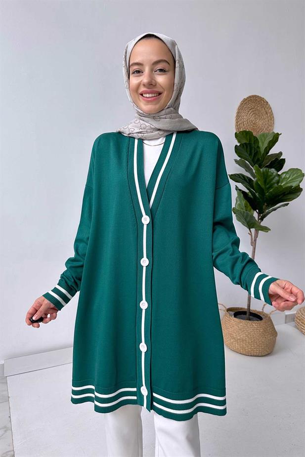 Çizgi Detay Düğmeli Merserize Hırka - Zümrüt