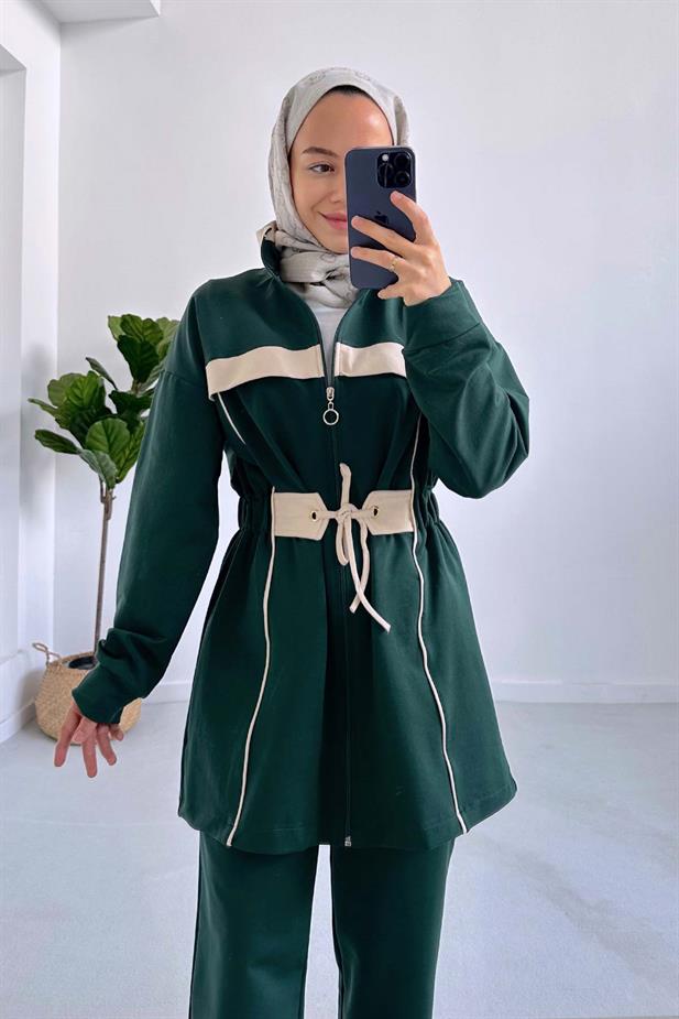 Çizgili Beli Lastikli İki İplik Takım - Zümrüt