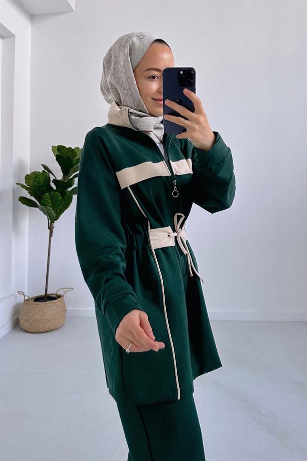 Çizgili Beli Lastikli İki İplik Takım - Zümrüt