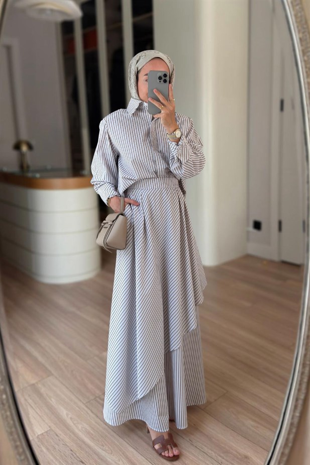 Çizgili Etekli Poplin Takım - Kahverengi