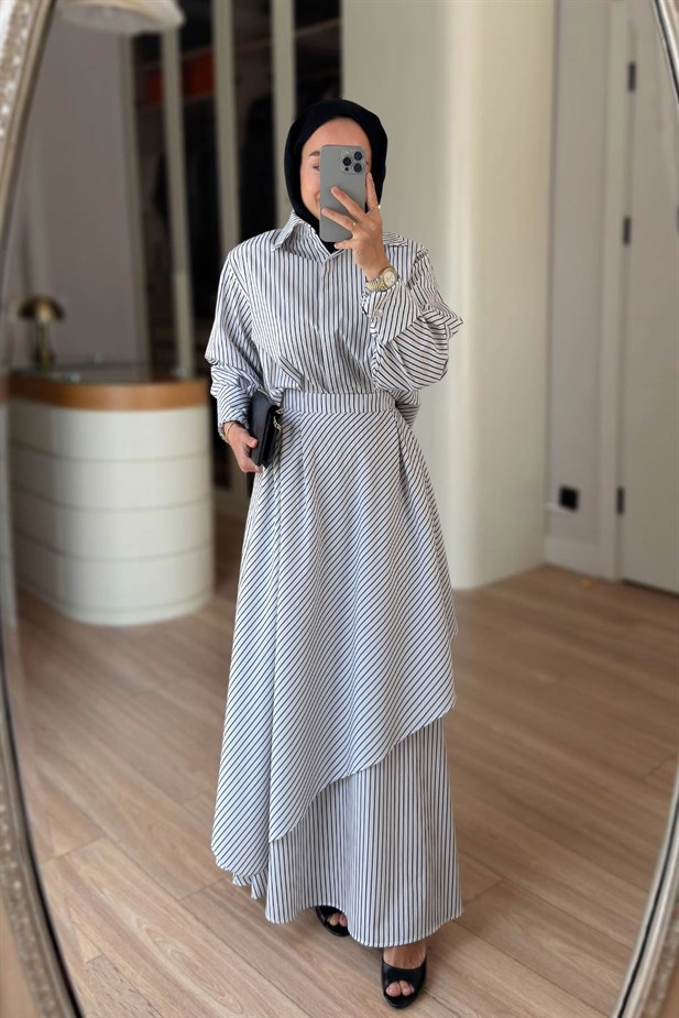 Çizgili Etekli Poplin Takım - Siyah
