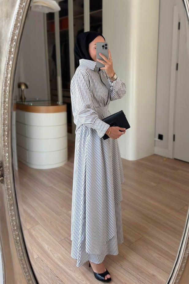 Çizgili Etekli Poplin Takım - Siyah