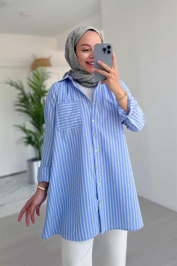 Çizgili Oversize Gömlek - Mavi