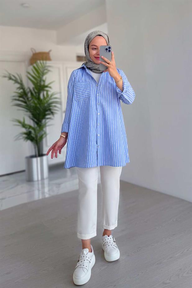 Çizgili Oversize Gömlek - Mavi