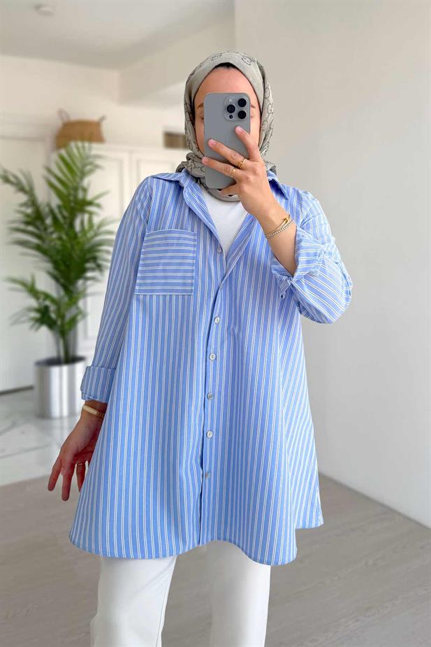 Çizgili Oversize Gömlek - Mavi