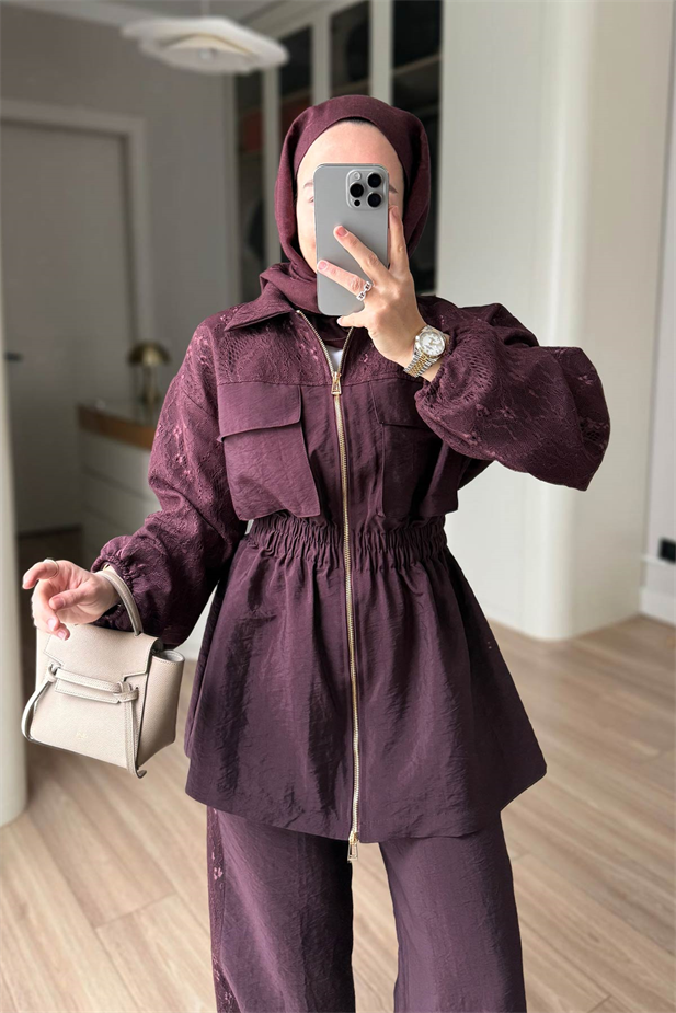 Dantel Detaylı Takım - Bordo
