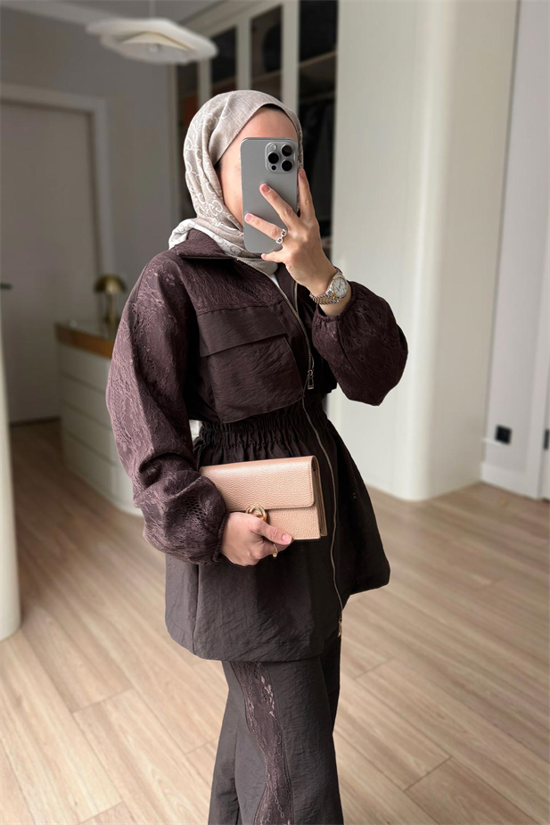 Dantel Detaylı Takım - Kahverengi