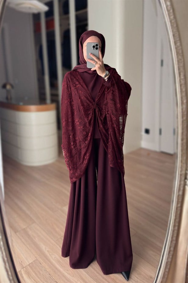 Dantel Pelerin Detaylı 3lü Takım - Bordo