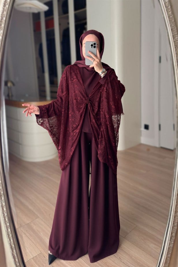 Dantel Pelerin Detaylı 3lü Takım - Bordo