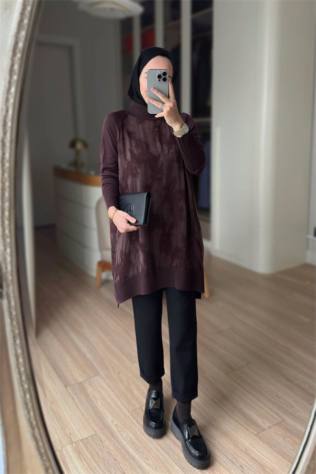 Desenli İpek Cupra Merserize Tunik - Kahverengi