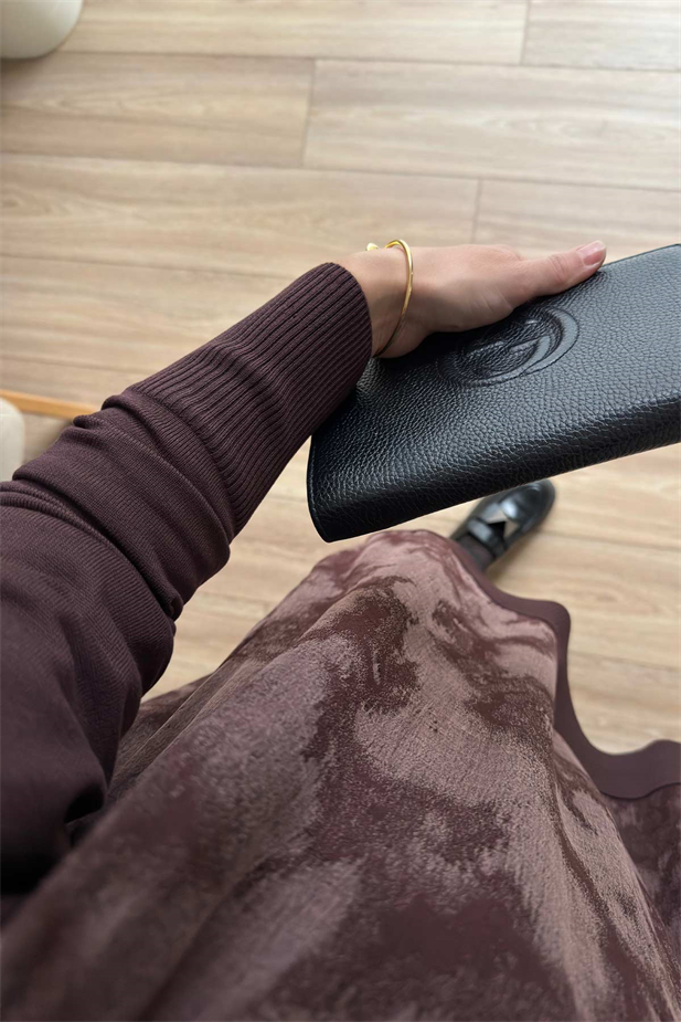 Desenli İpek Cupra Merserize Tunik - Kahverengi