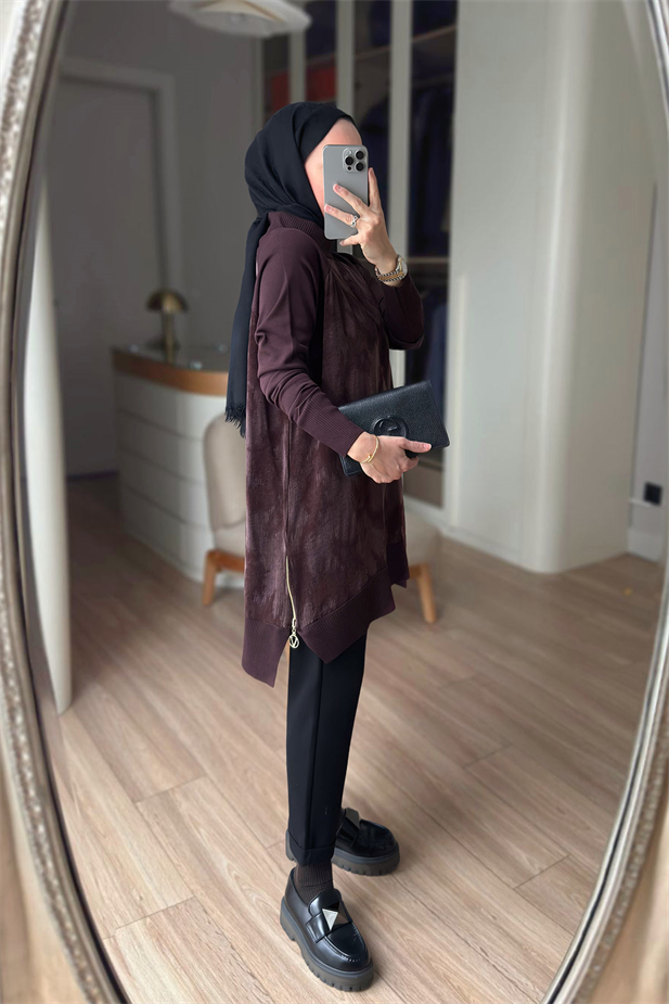 Desenli İpek Cupra Merserize Tunik - Kahverengi