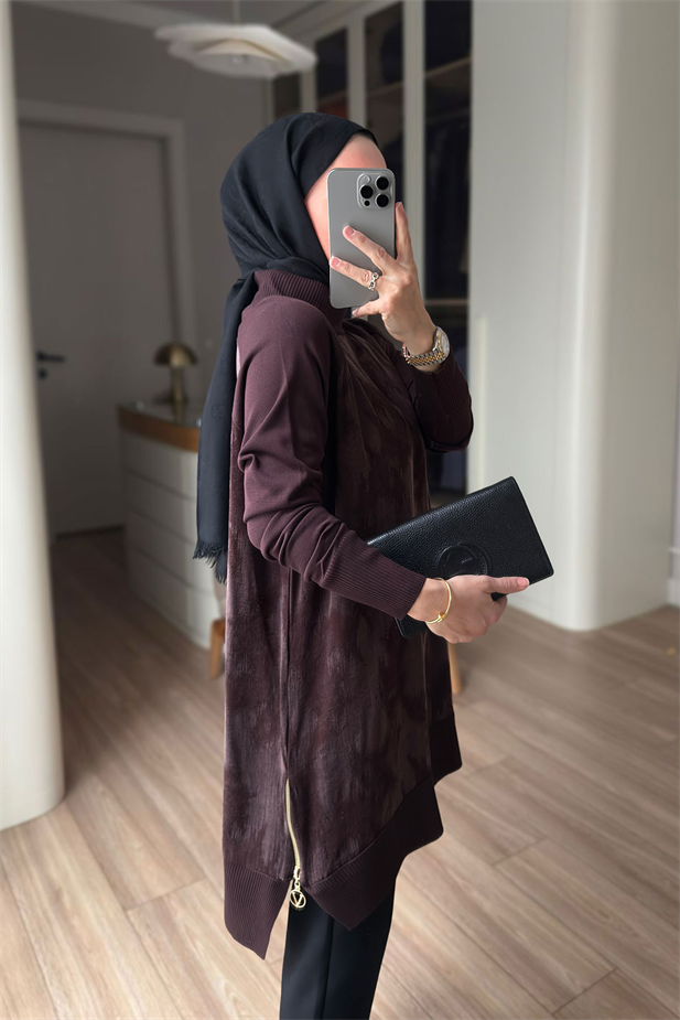 Desenli İpek Cupra Merserize Tunik - Kahverengi