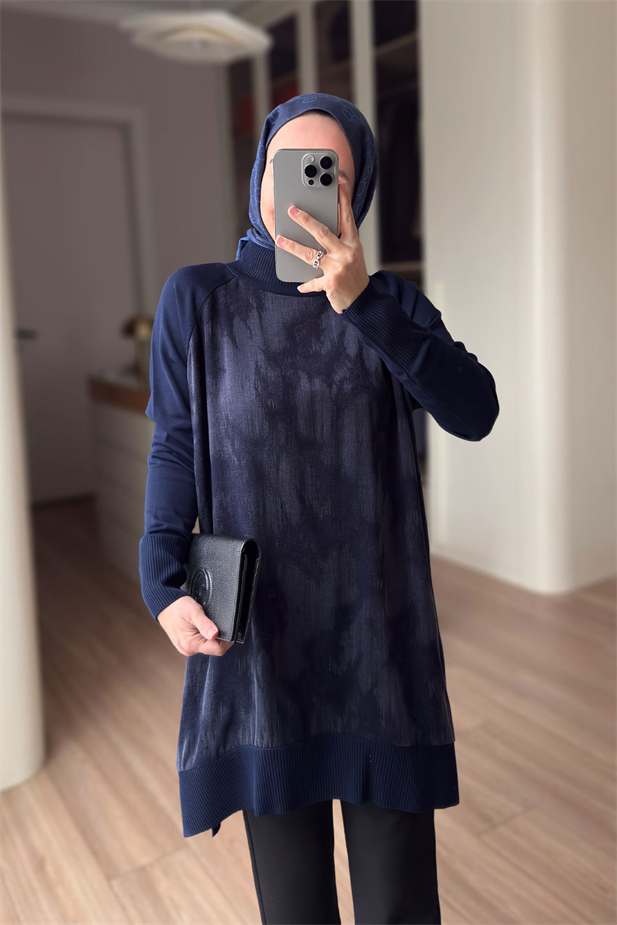 Desenli İpek Cupra Merserize Tunik - Lacivert