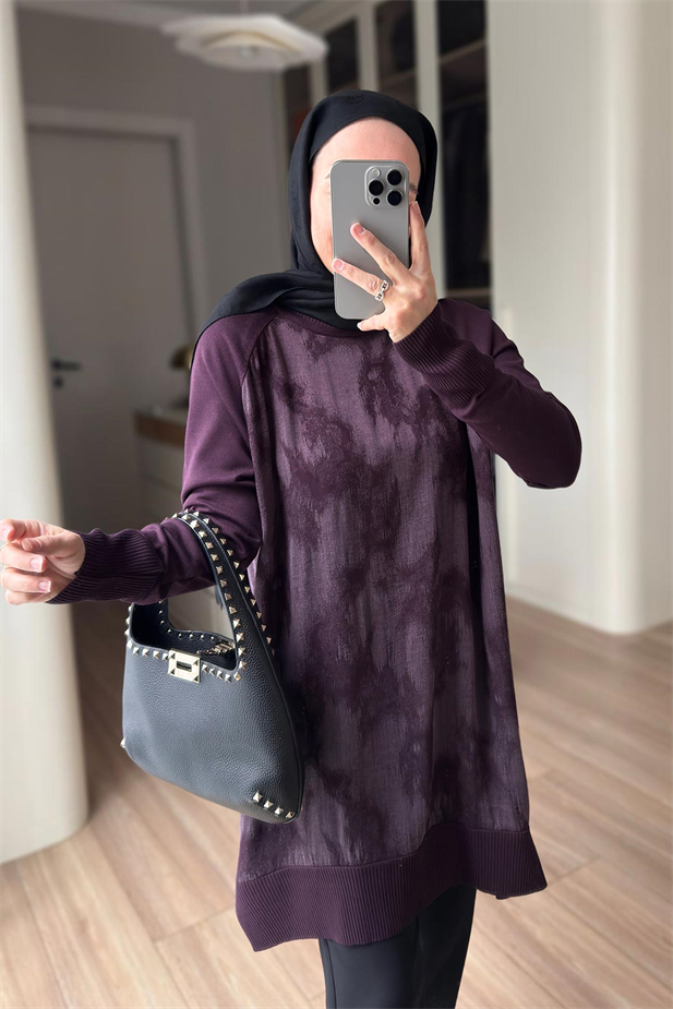 Desenli İpek Cupra Merserize Tunik - Mürdüm