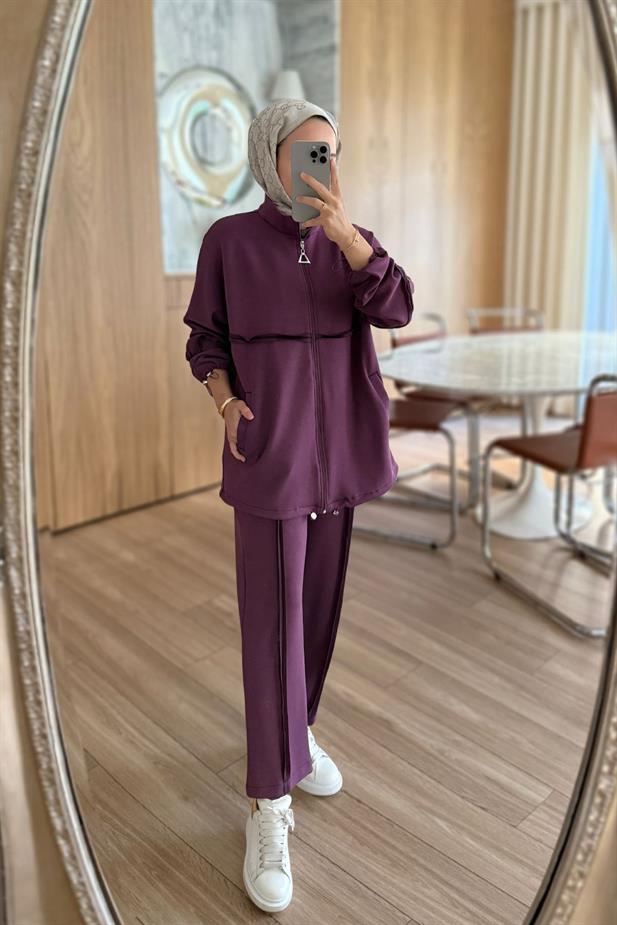 Dikiş Detaylı İkili Modal Takım - Mürdüm