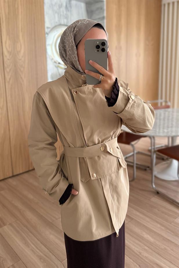 Düğme Detaylı Kısa Trençkot - Bej