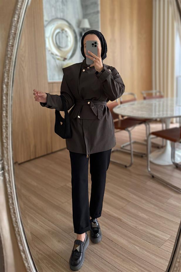 Düğme Detaylı Kısa Trençkot - Kahverengi