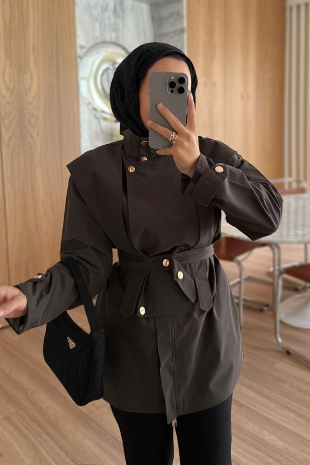 Düğme Detaylı Kısa Trençkot - Kahverengi