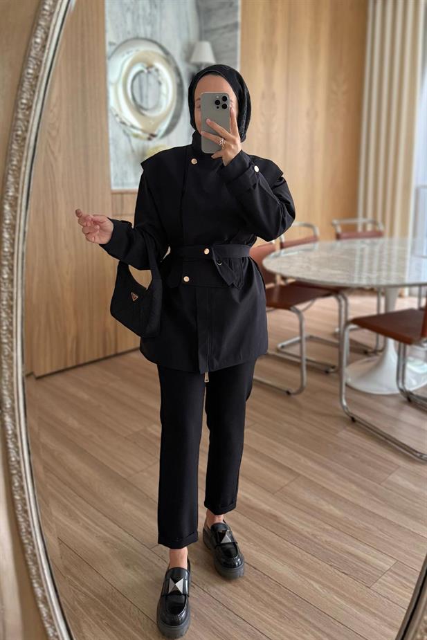 Düğme Detaylı Kısa Trençkot - Siyah