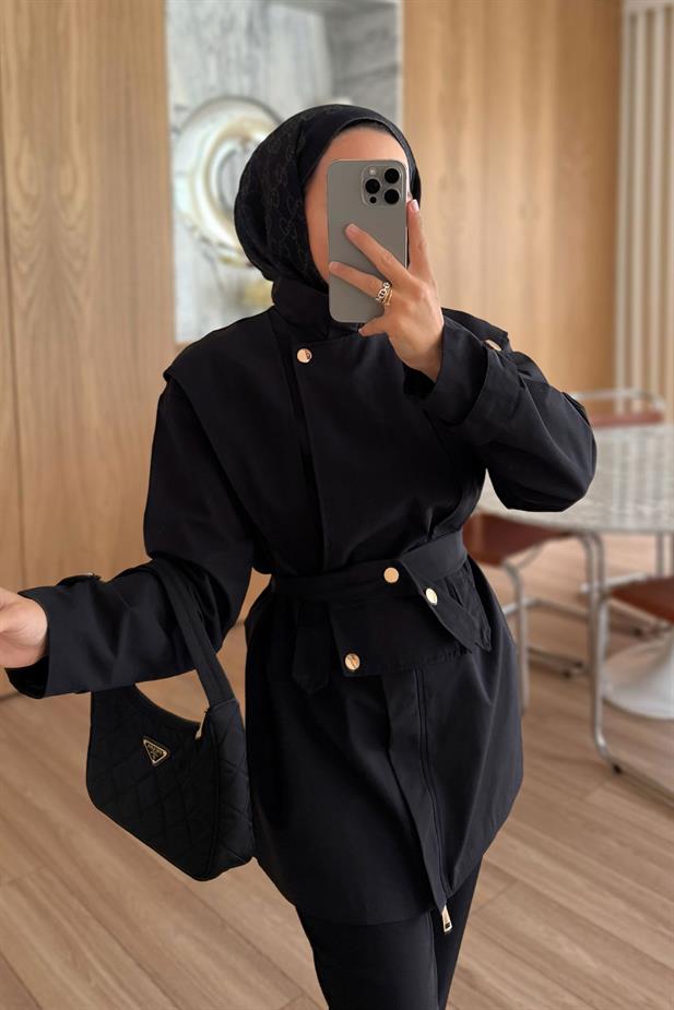 Düğme Detaylı Kısa Trençkot - Siyah