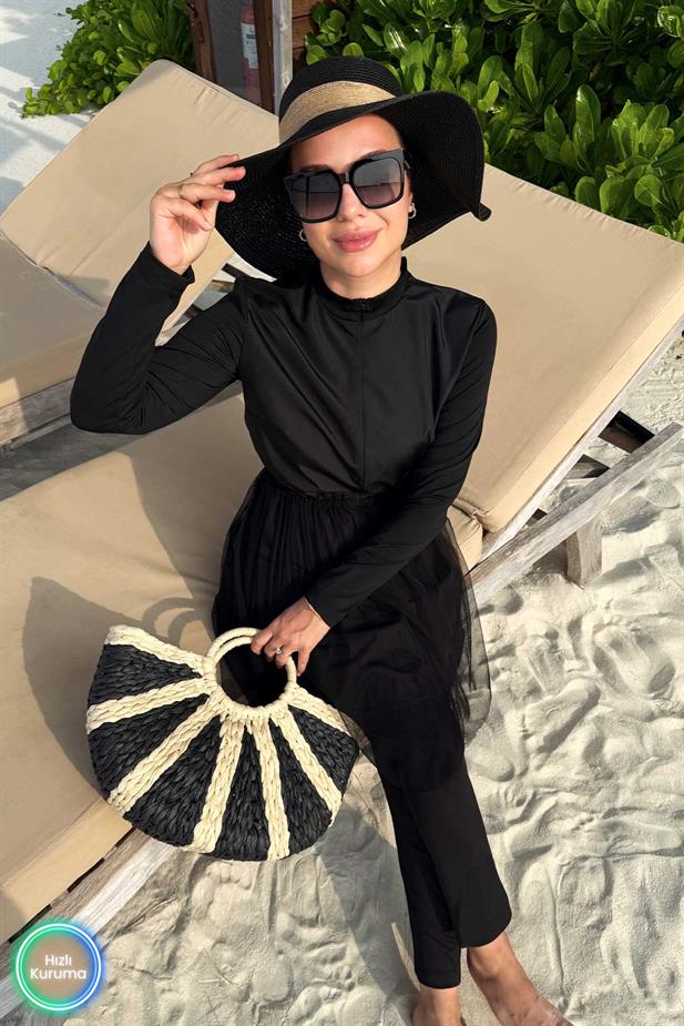 Eteği Tüllü Tesettür Mayo - Siyah