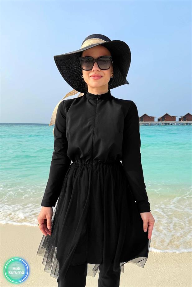 Eteği Tüllü Tesettür Mayo - Siyah