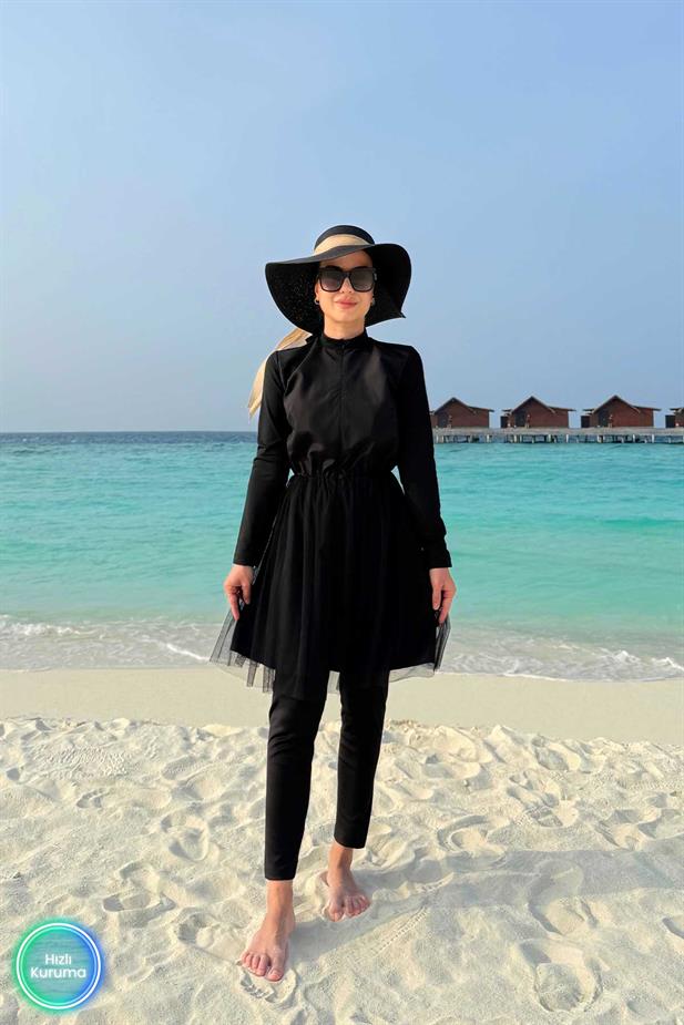 Eteği Tüllü Tesettür Mayo - Siyah