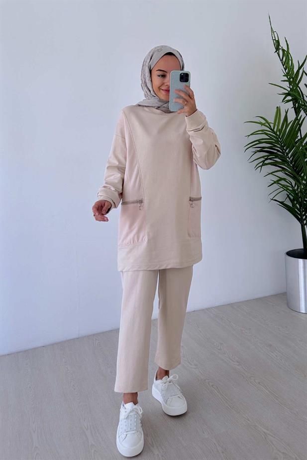 Fermuar Detaylı Bisiklet Yaka İki İplik Takım - Bej