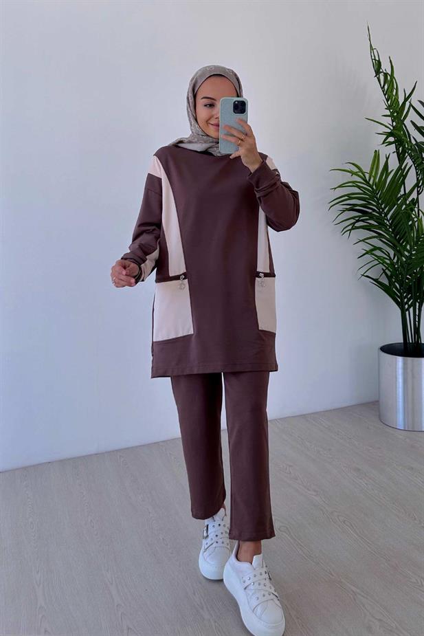 Fermuar Detaylı Bisiklet Yaka İki İplik Takım - Kahverengi