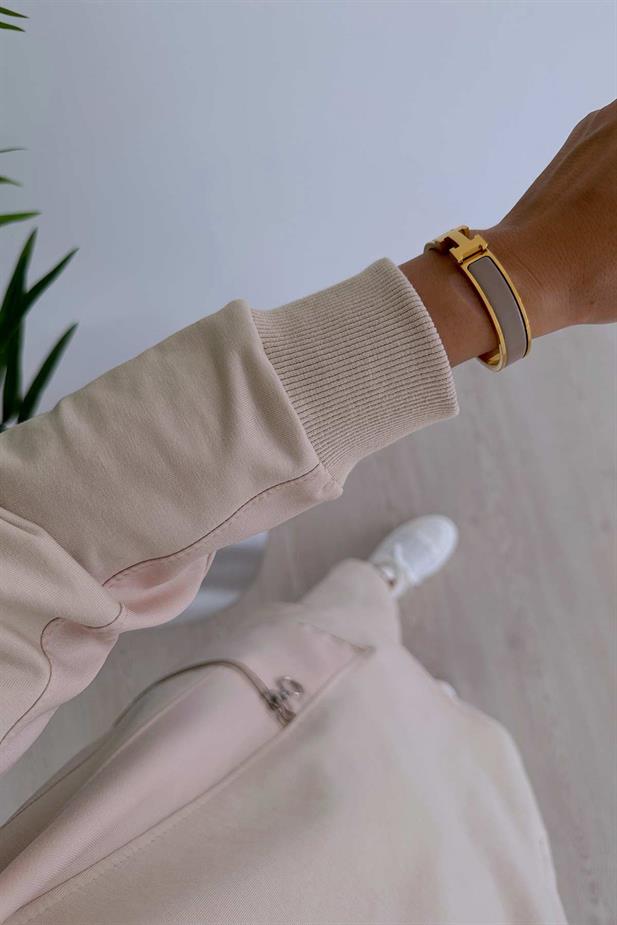 Fermuar Detaylı Bisiklet Yaka İki İplik Takım - Bej