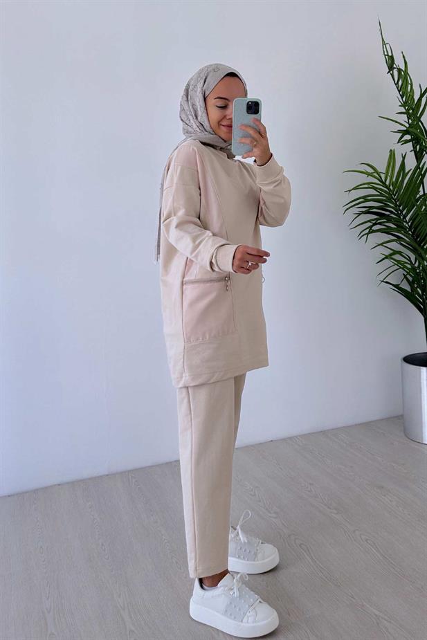 Fermuar Detaylı Bisiklet Yaka İki İplik Takım - Bej