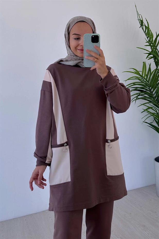 Fermuar Detaylı Bisiklet Yaka İki İplik Takım - Kahverengi