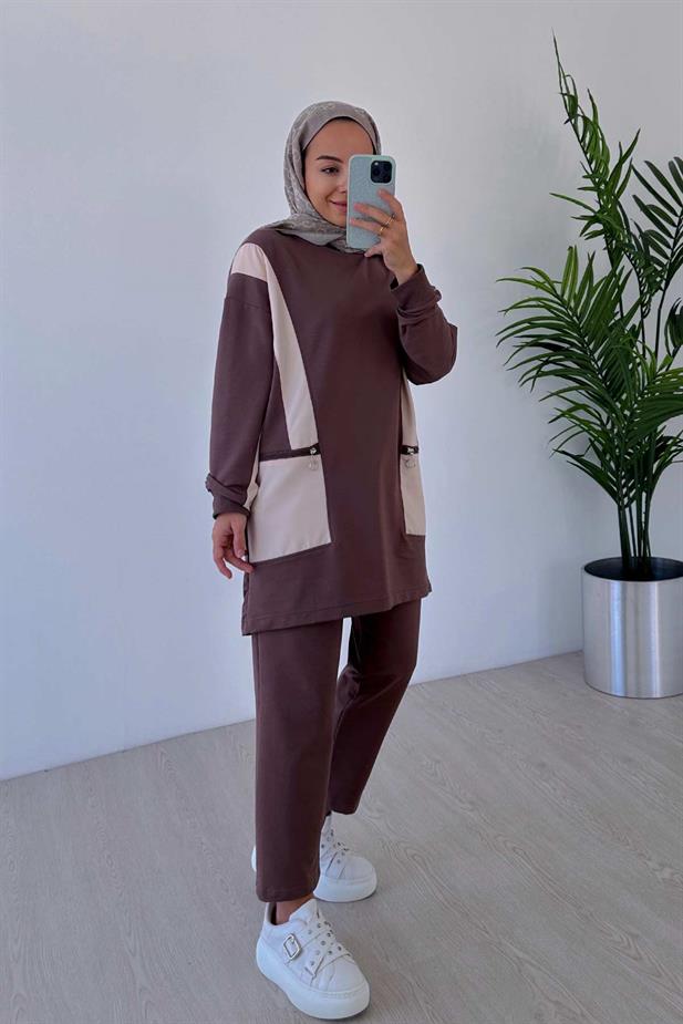 Fermuar Detaylı Bisiklet Yaka İki İplik Takım - Kahverengi