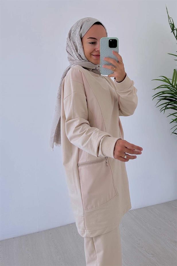 Fermuar Detaylı Bisiklet Yaka İki İplik Takım - Bej