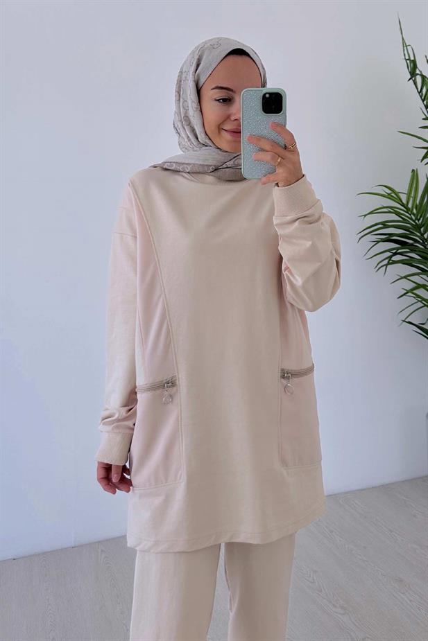 Fermuar Detaylı Bisiklet Yaka İki İplik Takım - Bej