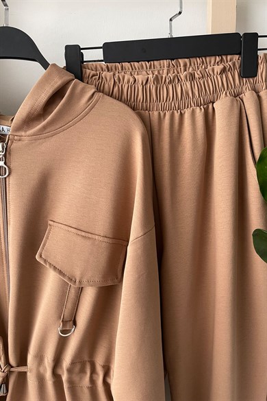 Fermuar Kapama Kapüşonlu Takım - Kahve