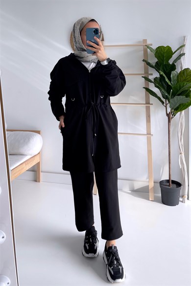 Fermuar Kapama Kapüşonlu Takım - Siyah