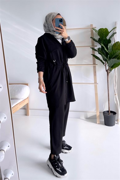 Fermuar Kapama Kapüşonlu Takım - Siyah