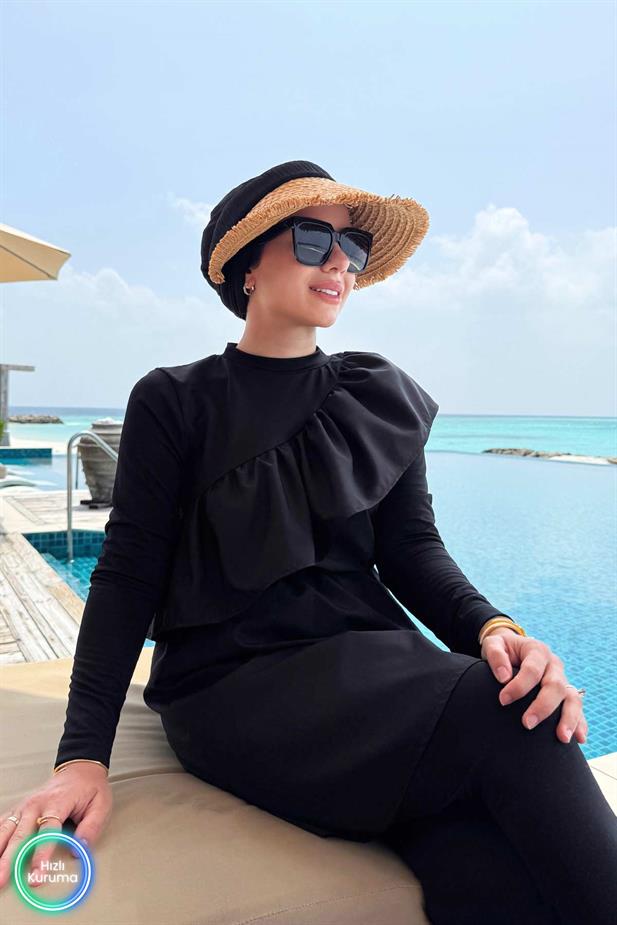 Fırfır Detay Tesettür Mayo - Siyah