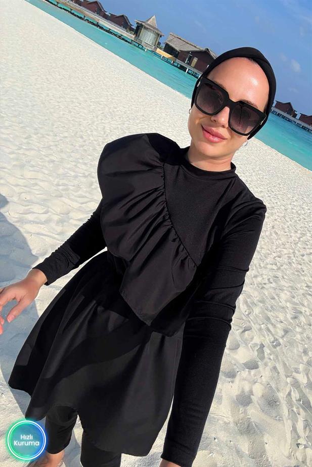 Fırfır Detay Tesettür Mayo - Siyah