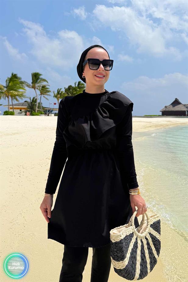 Fırfır Detay Tesettür Mayo - Siyah